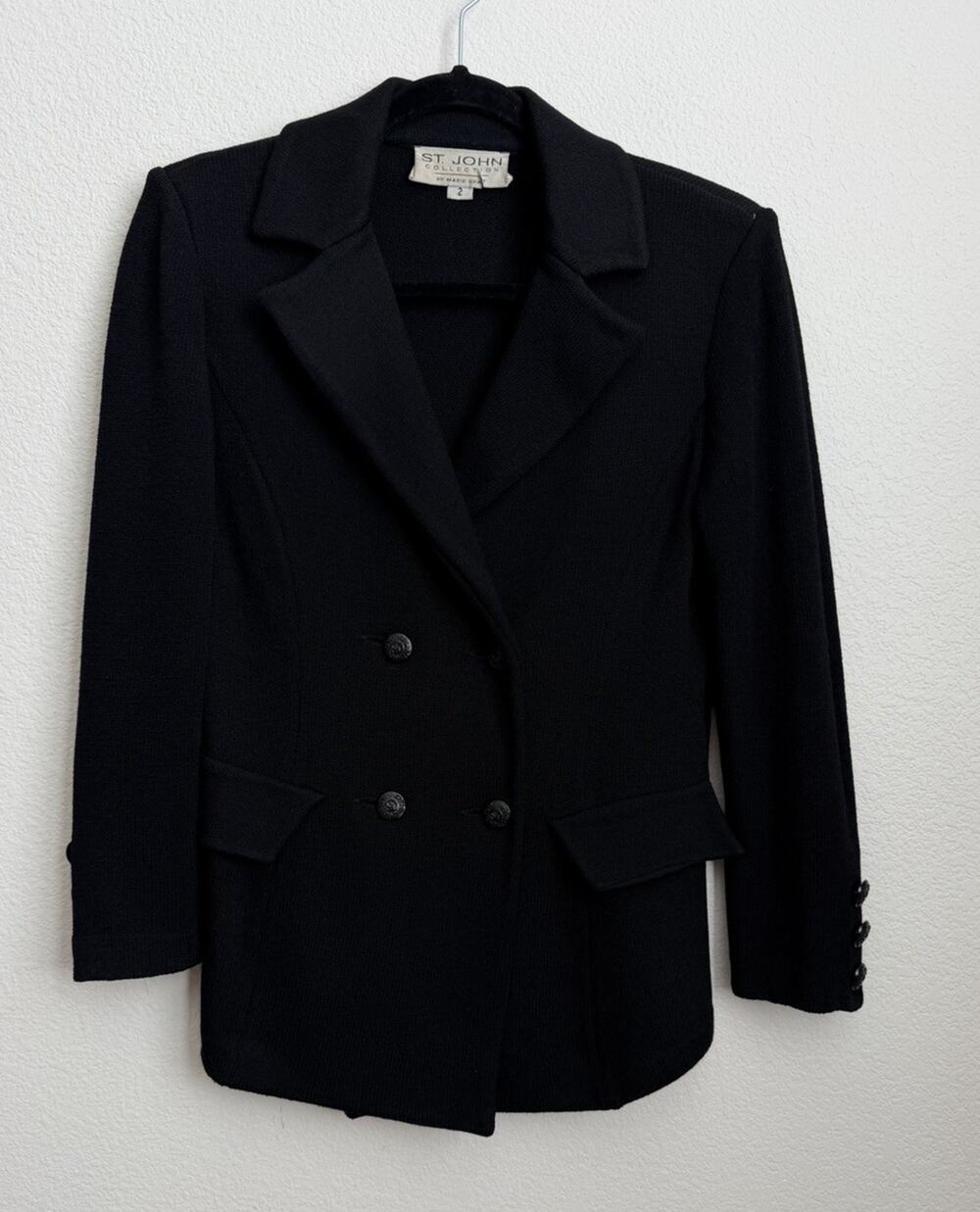 St. John Marie Gray Santana Black Knit Double Breasted Blazer Size 2